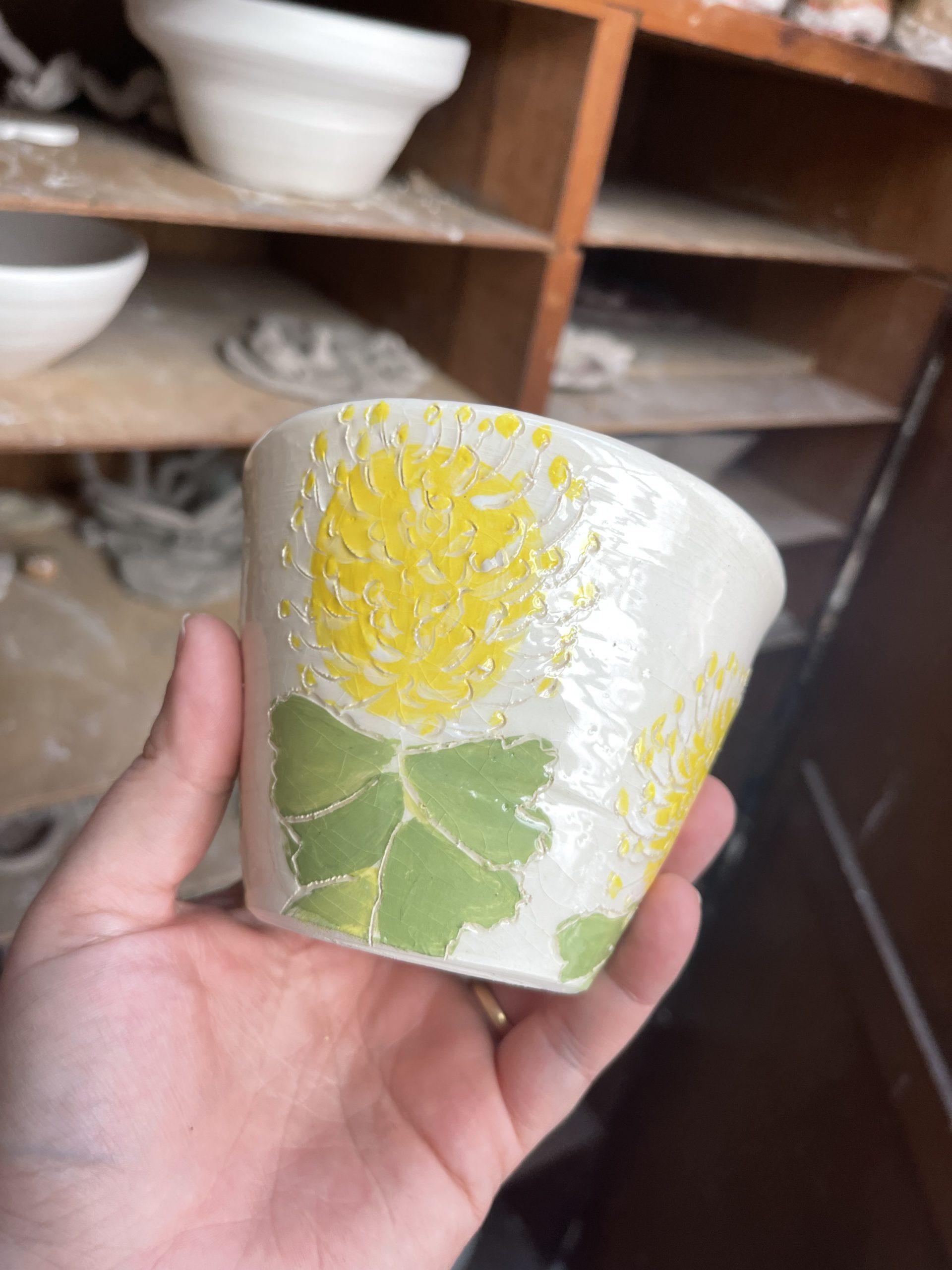 Yellow Grevillea sgraffito pottery mug